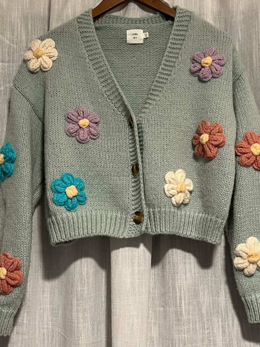Luna Ivy Anthropoligie Chunky Knit Cardigan Whimsical 3D Flowers Size XS